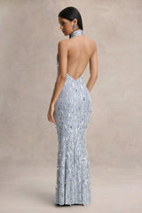 Zaira | Silver Sequin High-Neck Maxi Dress With Open-Back