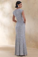 Aurah | Silver Sequin Crew-Neck Maxi Dress With Cap Sleeves