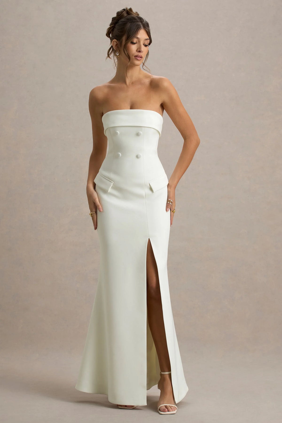 Lucia | Cream Bandeau Tailored Maxi Dress With Split