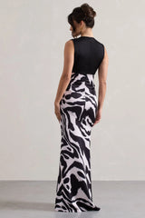 Azzara | Zebra Print Satin Ruched V-Neck Maxi Dress