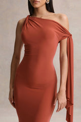 Vista | Rust Asymmetric-Neck Maxi Dress With Knot-Sleeve Detail