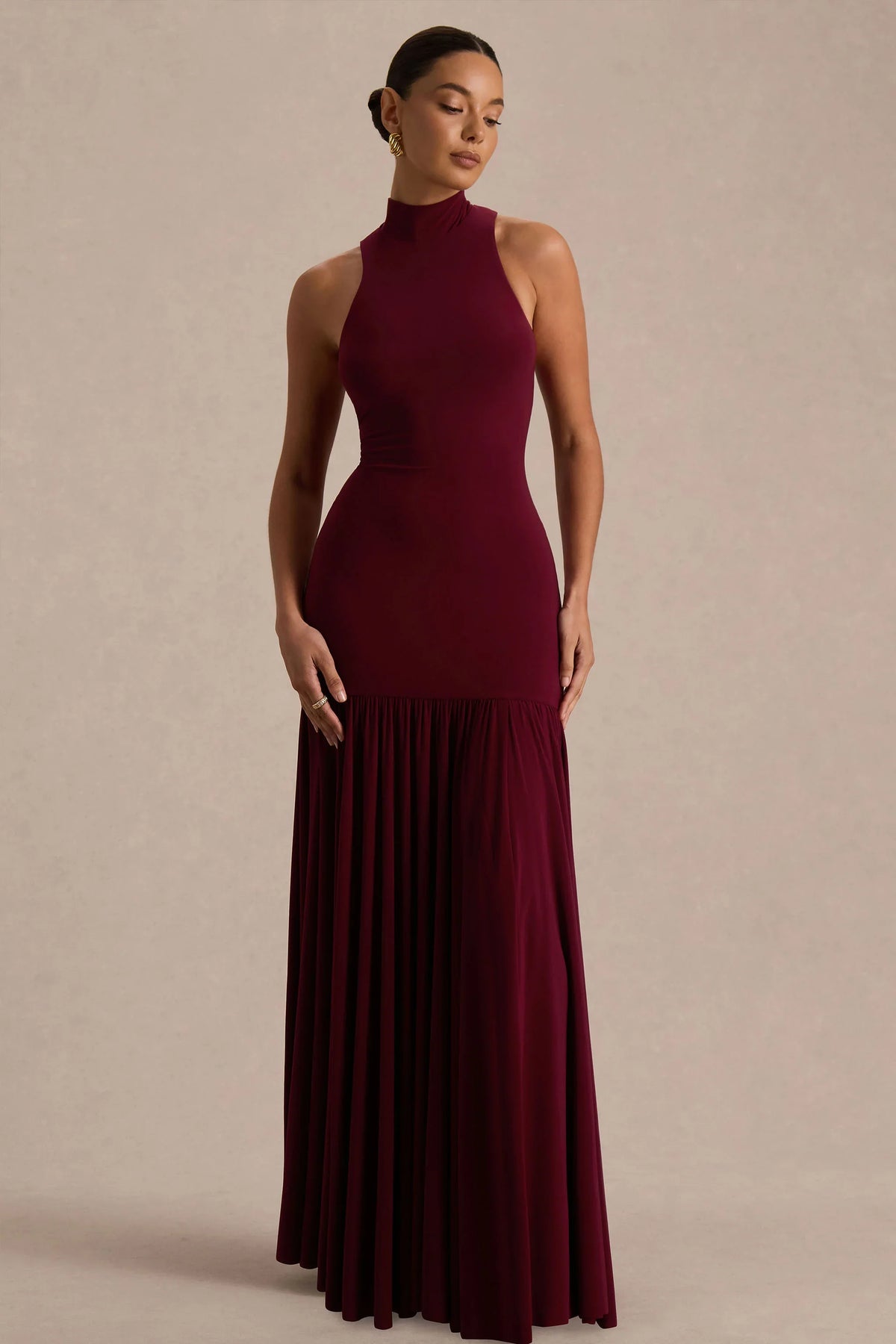 Tasmin | Burgundy High-Neck Maxi Dress With Drop-Waist