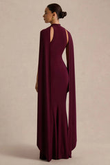 Cordy | Burgundy High-Neck Maxi Dress With Scarf-Detail