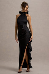 Maureen | Black Satin High-Neck Draped Maxi Dress