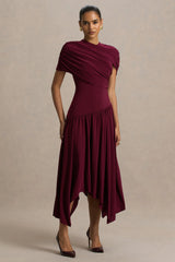Ione | Burgundy Wrapped Midi Dress With Hanky Hem