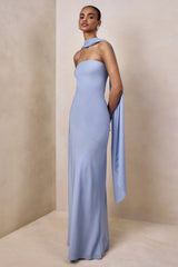 Charly | Powder Blue Satin Bandeau Maxi Dress With Scarf-Detail