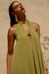 Zyon | Green High-Neck Maxi Dress with Cut-Out Details