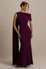 Tiana | Dark Plum Asymmetric-Neck Maxi Dress With Draped Detail