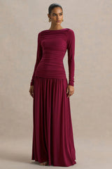Aniyah | Burgundy Slashed-Neck Maxi Dress With Ruched Detailing