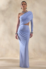 Malika | Powder Blue Asymmetric-Neck Maxi Dress With Body-Cut Out And Gathered Detailing