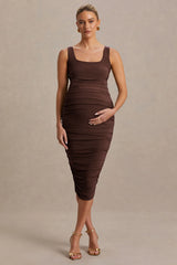 Lisbon | Brown Maternity Square Neck Ruched Midi Dress