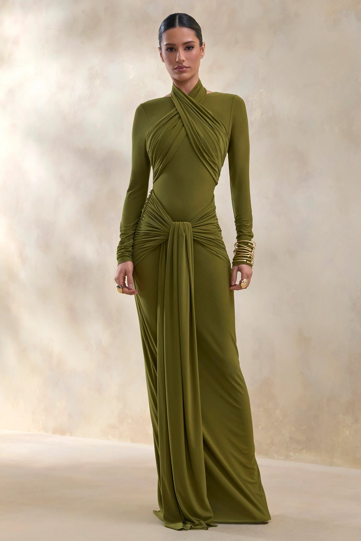 Linessa | Olive High-Neck Maxi Dress With Sash And Gathered-Detailing