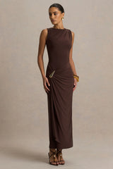 Fiora | Brown Wide-Neck Maxi Dress With Gathered Detail