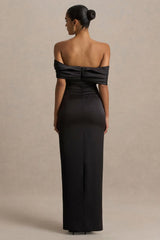 Valeria | Black Satin Twist-Bardot Neck Maxi Dress