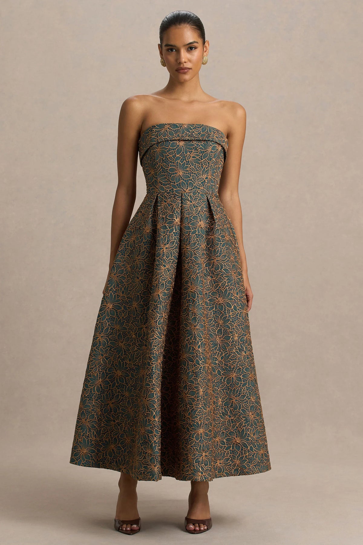 Loretta | Dark Green And Rust Embroidered Bandeau Midi Dress