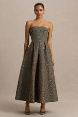Loretta | Dark Green And Rust Embroidered Bandeau Midi Dress