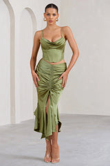 Per Favore | Olive Satin Ruched Split Maxi Skirt