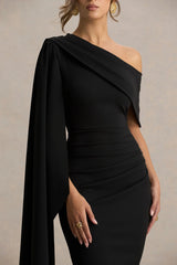Leah | Black Asymmetric-Neck Midi Dress With Cape-Sleeve