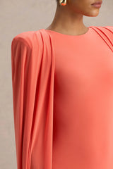 Mimi | Coral High-Neck Maxi Dress With Cape Sleeve Detail