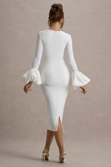 Celie | White Long-Sleeve Midi Dress With Puff Cuffs