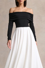 Frederica | Black And White Bardot-Neck Midi Dress