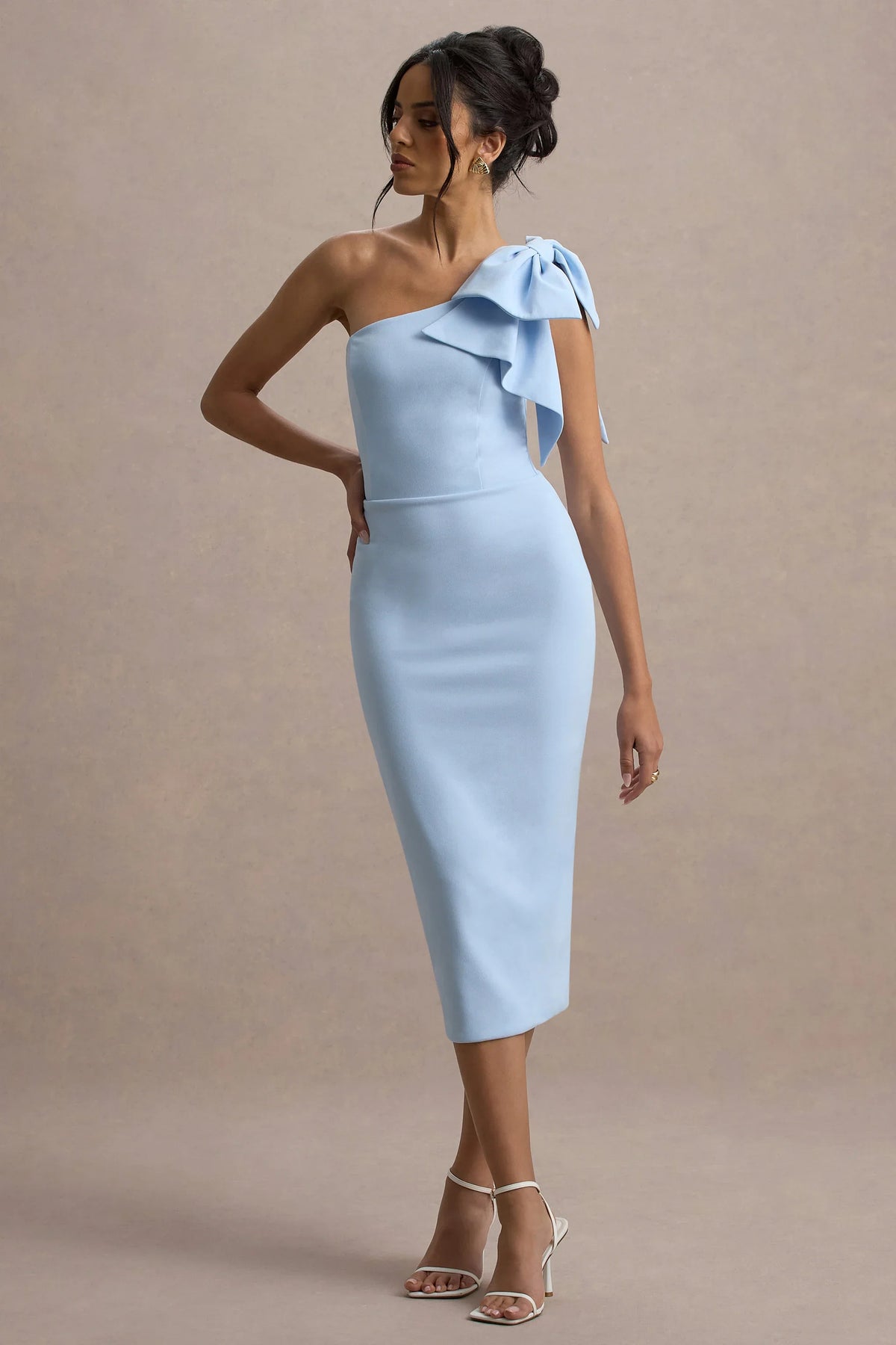 Ambretta | Powder Blue One-Shoulder Midi Dress With Bow