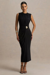 Harlow | Black Crew-Neck Wrapped Midi Dress